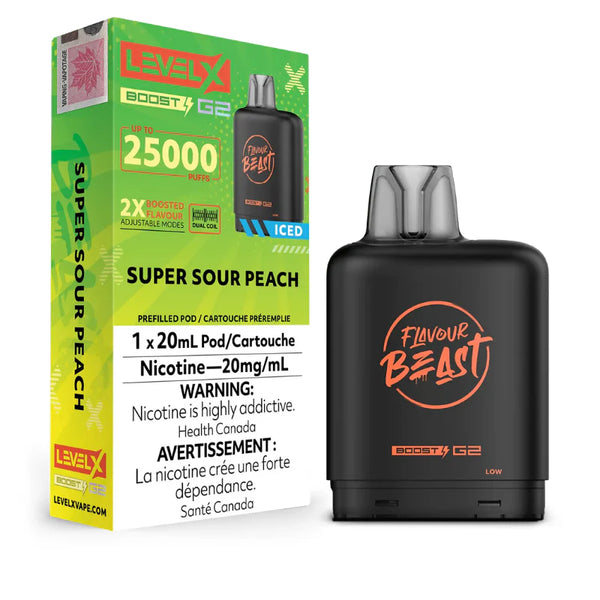 FLAVOUR BEAST LEVEL X G2 BOOST 25K PRE-FILLED POD - SUPER SOUR PEACH ICED
