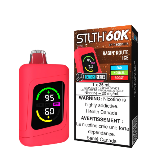 STLTH 60K Ragin’ Route Ice disposable vape slim black cylindrical device with LED screen, USB‑C port, labeled with tropical dragonfruit, blueberry, raspberry, and menthol flavor.