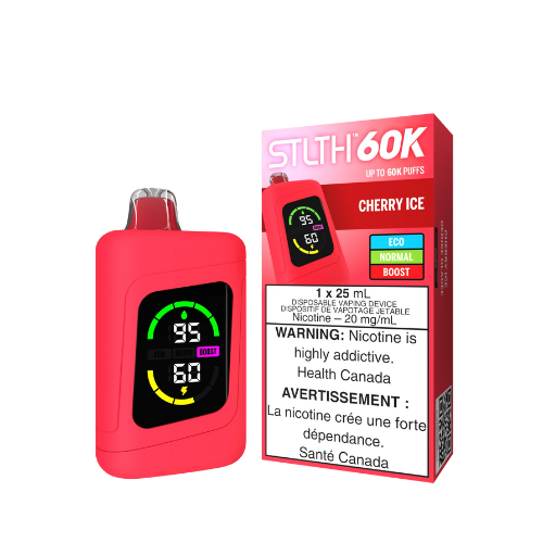 STLTH 60K Cherry Classic Ice disposable vape sleek black cylindrical device with an LED screen showing battery and e-liquid level, flavored with dark spiced cherry soda and icy menthol.