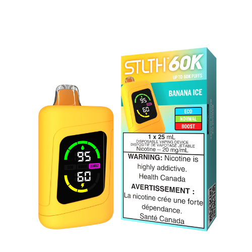 STLTH 60K Coco Banana Ice disposable vape device slim black cylindrical body with tiny LED screen indicating battery and e‑liquid level, labeled ‘Coco Banana Ice’.