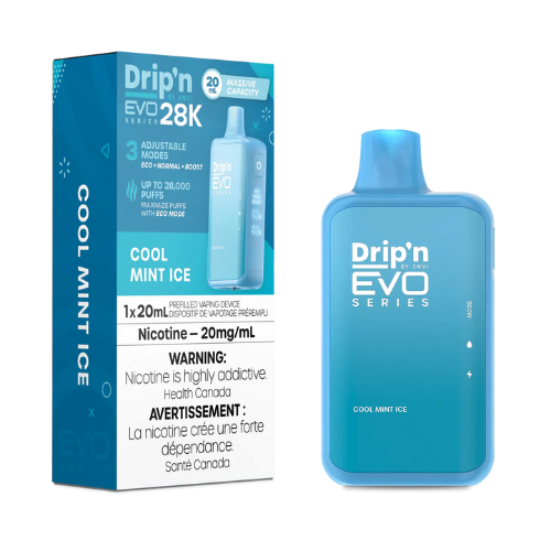 Drip'n EVO 28K disposable vape in a crisp mint blue-green finish, featuring a digital screen and labeled "Cool Mint".