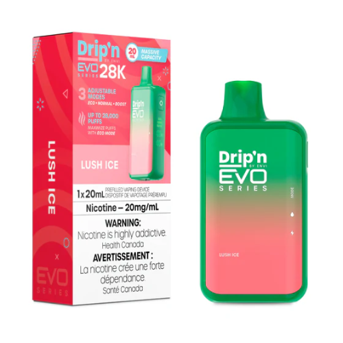 Drip'n EVO 28K disposable vape in a watermelon red color, featuring a digital display screen and "Lush Ice" text on the front.