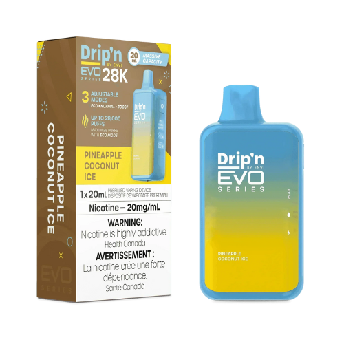 Drip'n EVO 28K disposable vape in a yellow and white tropical design, featuring a digital screen and "Pineapple Coconut Ice" text.