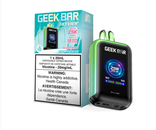 Geek Bar Skyview Disposable Vape: uptown 25000 puffs, type-c rechargeable, smart screen, three power modes. Fast shipping to Quebec available. Buy now