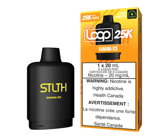 BANANA ICE STLTH LOOP 25K DISPOSABLE POD: 25000 puffs , 20mL e-liquid capacity, 15 different flavours.Fast shipping to Quebec. 