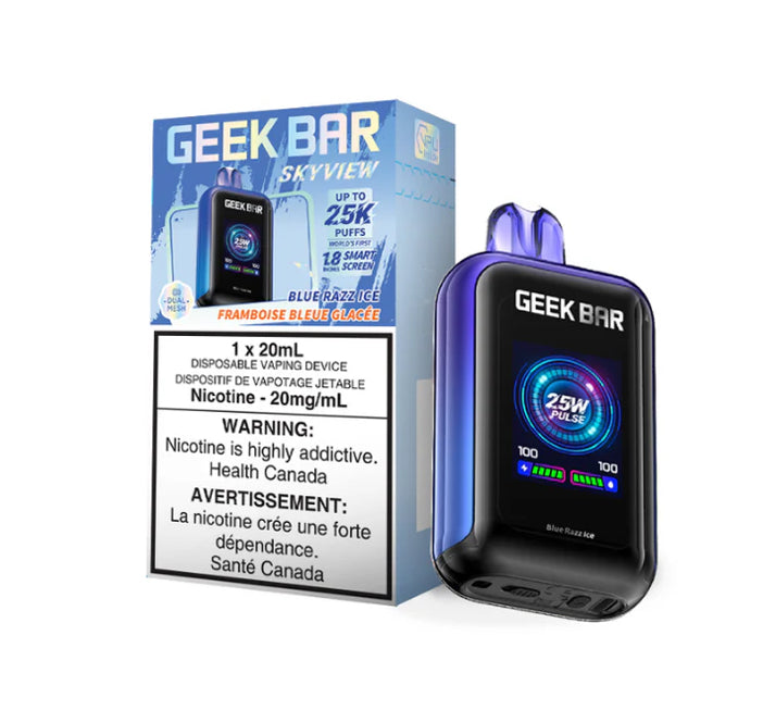 Geek Bar Skyview Disposable Vape: uptown 25000 puffs, type-c rechargeable, smart screen, three power modes. Fast shipping to Quebec available. Buy now