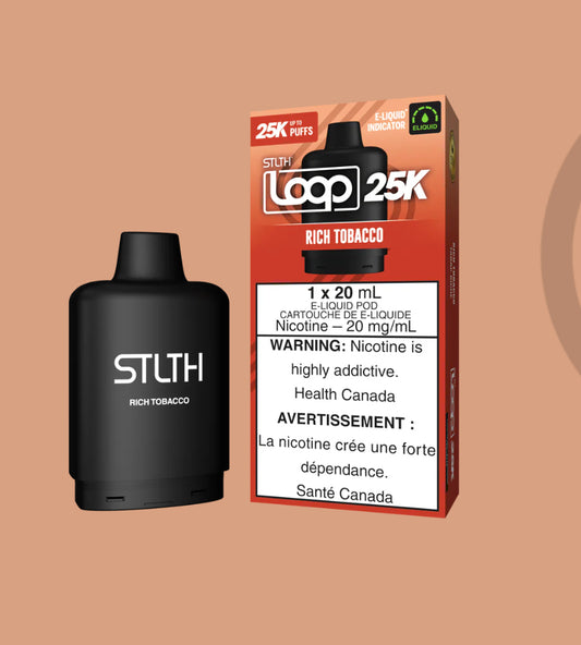 RICH TOBACCO STLTH LOOP 25K DISPOSABLE POD : STLTH LOOP 25K Pods: 25000 puffs , 20mL e-liquid capacity, 15 different flavours,.Fast shipping to Quebec. 