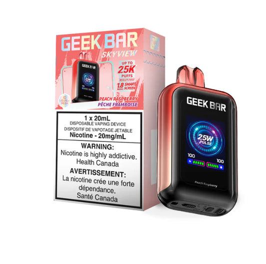 Geek Bar Skyview Disposable Vape: uptown 25000 puffs, type-c rechargeable, smart screen, three power modes. Fast shipping to Quebec available. Buy now