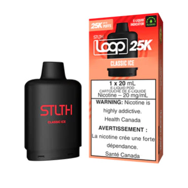 CLASSIC ICE STLTH LOOP 25K DISPOSABLE POD : STLTH LOOP 25K Pods: 25000 puffs , 20mL e-liquid capacity, 15 different flavours.Fast shipping to Quebec. 