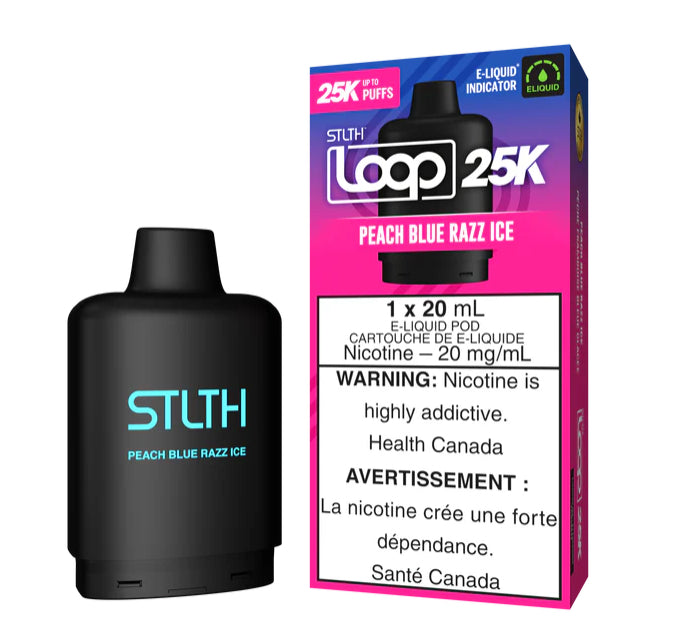 PEACH BLUE RAZZ ICE STLTH LOOP 25K DISPOSABLE POD: 25000 puffs , 20mL e-liquid capacity, 15 different flavours.Fast shipping to Quebec. 