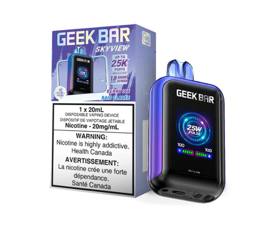 Geek Bar Skyview Disposable Vape: uptown 25000 puffs, type-c rechargeable, smart screen, three power modes. Fast shipping to Quebec available. Buy now