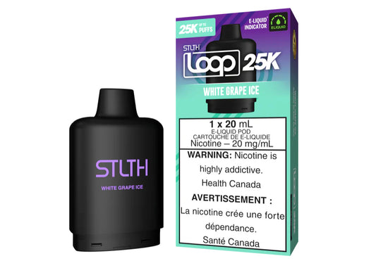 WHITE GRAPE ICE STLTH LOOP 25K DISPOSABLE POD : STLTH LOOP 25K Pods: 25000 puffs , 20mL e-liquid capacity, 15 different flavours,.Fast shipping to Quebec. 