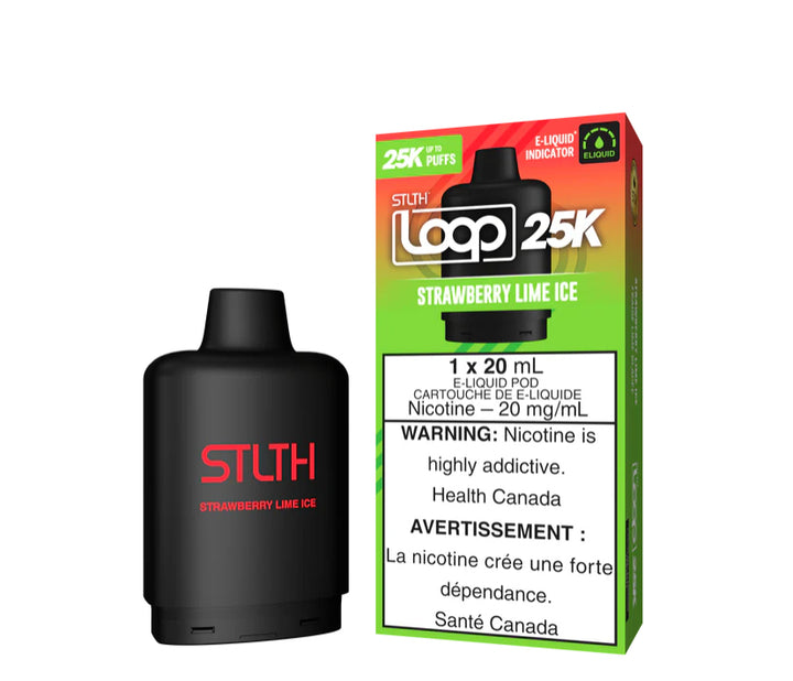 STRAWBERRY LIME ICE STLTH LOOP 25K DISPOSABLE POD: STLTH LOOP 25K Pods: 25000 puffs , 20mL e-liquid capacity, 15 different flavours,.Fast shipping to Quebec. 