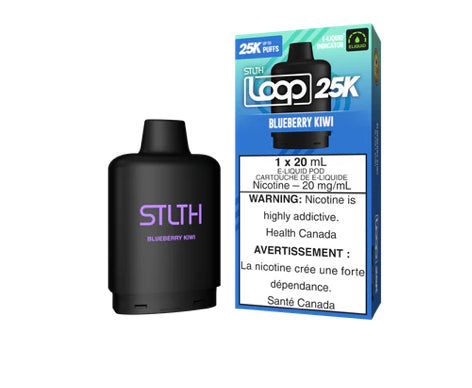 BLUEBERRY KIWI STLTH LOOP 25K DISPOSABLE POD: 25000 puffs , 20mL e-liquid capacity, 15 different flavours.Fast shipping to Quebec. 