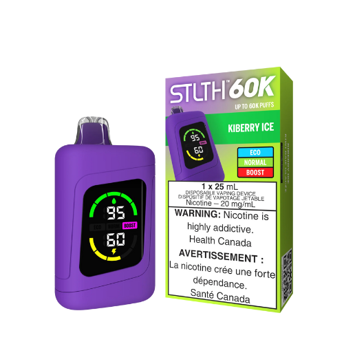 STLTH 60K Kiberry Ice disposable vape device slim black cylinder with a small LED screen displaying battery and e‑liquid level, and ‘Kiberry Ice’ flavor branding.