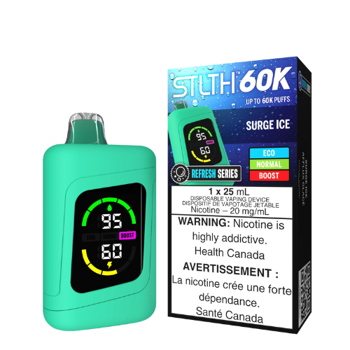 STLTH 60K Surge Ice disposable vape device slim black cylindrical body with flavour text 'Surge Ice', a digital LCD screen showing battery and e‑liquid level, USB‑C charging port, and icy citrus branding.